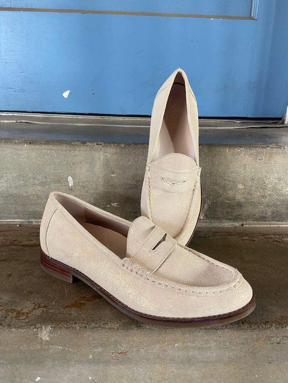 Vionic Waverly cream suede/metallic gold suede penny loafers